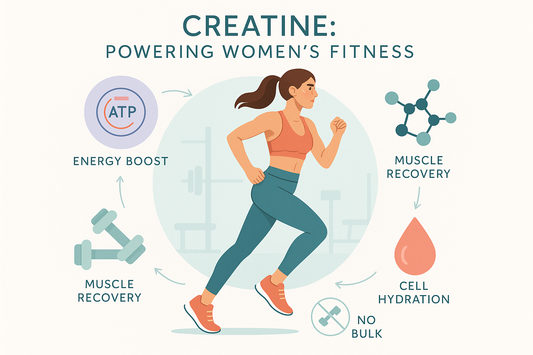 Infographic on creatine's benefits for women's fitness with a running woman and icons. 