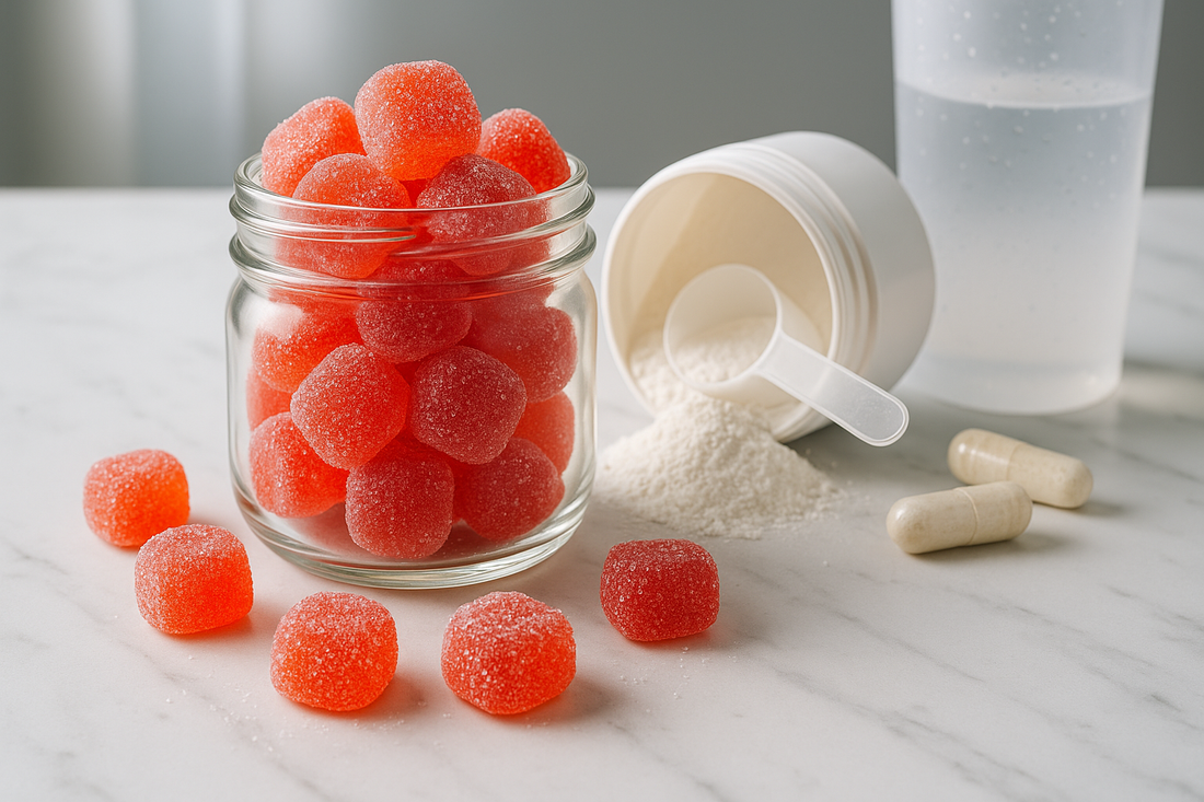 A clear glass jar filled with colorful, sugar-coated creatine gummies sits on a white countertop beside loose gummies, spilled creatine powder, a plastic scoop, two creatine capsules, and a half-filled shaker bottle.
