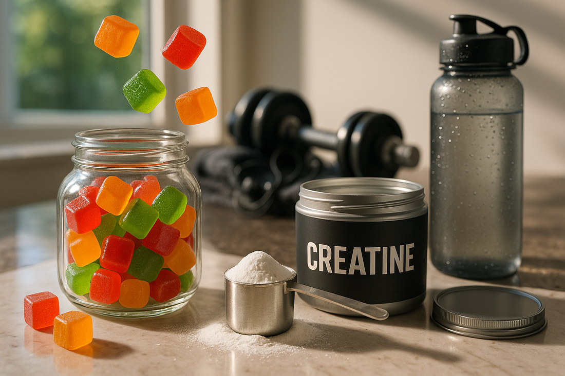 Hyper-realistic photo comparing creatine gummies and powder on a marble countertop in a fitness kitchen, with a water bottle, dumbbell, towel, and earphones in the background.