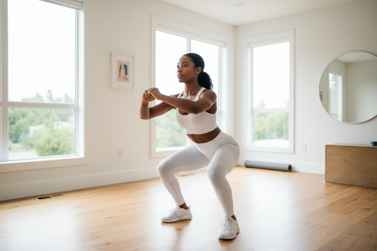 An attractive woman wearing active wear performs bodyweight squat in a home gym with natural lighting