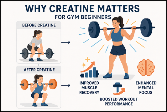 Educational infographic showing a gym beginner before and after using creatine, with step-by-step visuals highlighting increased strength, muscle recovery, performance, and confidence.