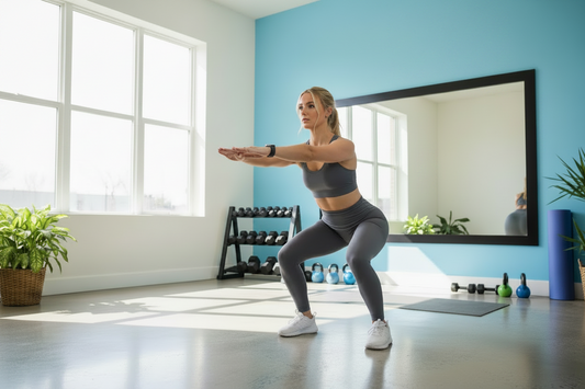 Young, attractive blonde woman performs a bodyweight squat in a home gym with natural lighting. 