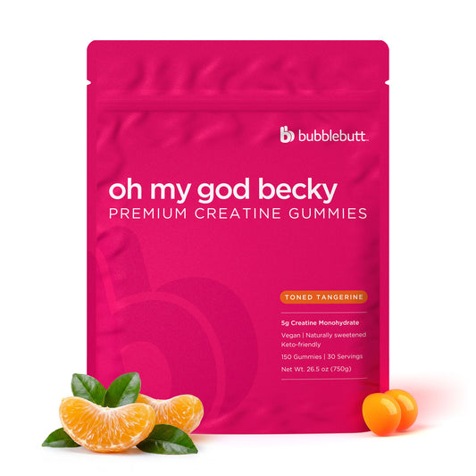 BubbleButt creatine gummies for women with 5g creatine monohydrate and delicious Toned Tangerine gummies outside of pouch. 