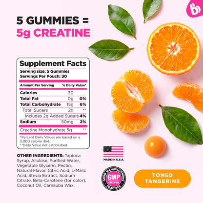 BubbleButt Premium Creatine Gummies supplement facts panel showing 5g creatine monohydrate per serving, 30 servings in Toned Tangerine flavor.