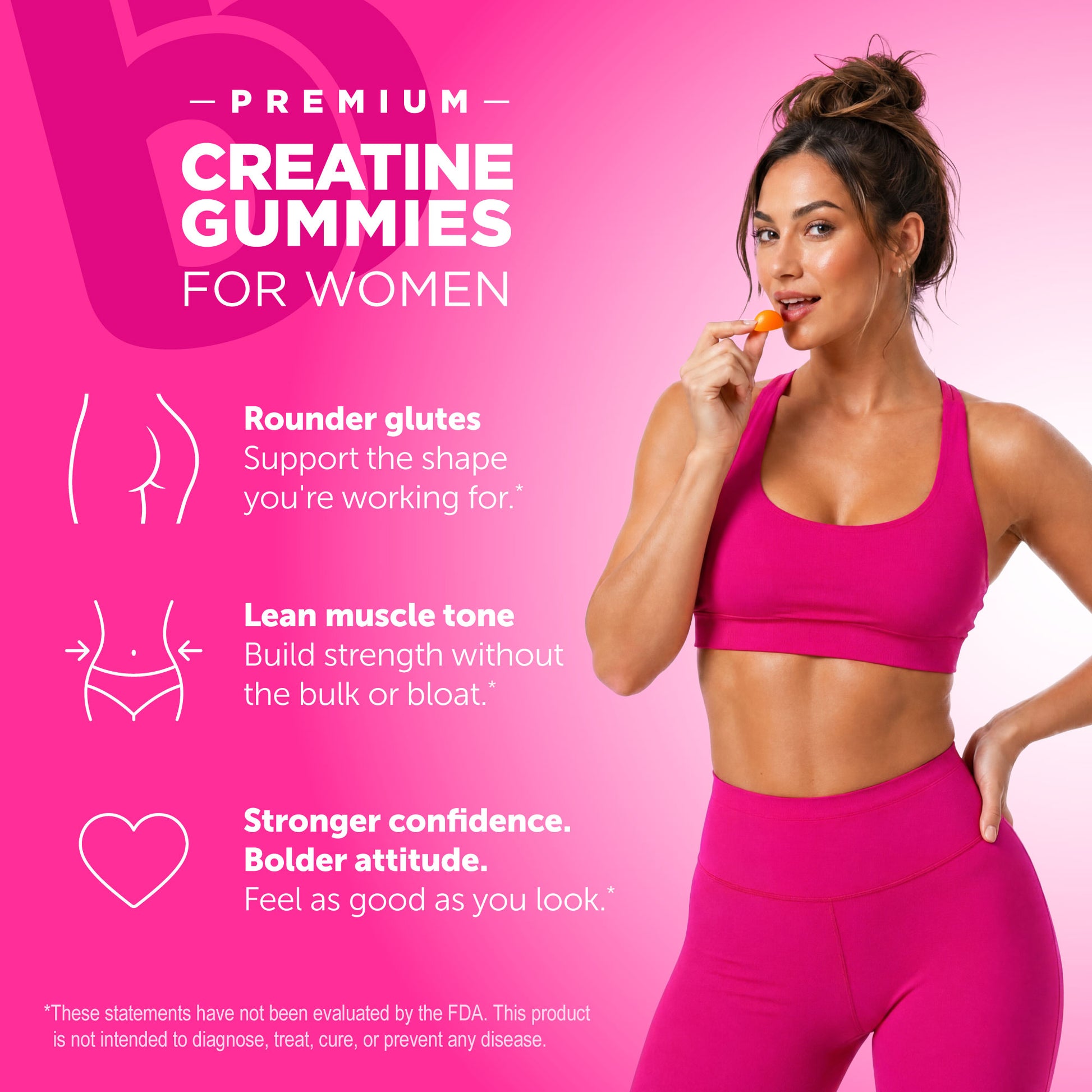 BubbleButt Premium Creatine Gummies for Women lifestyle image highlighting support for rounder glutes, lean muscle tone, and confidence.