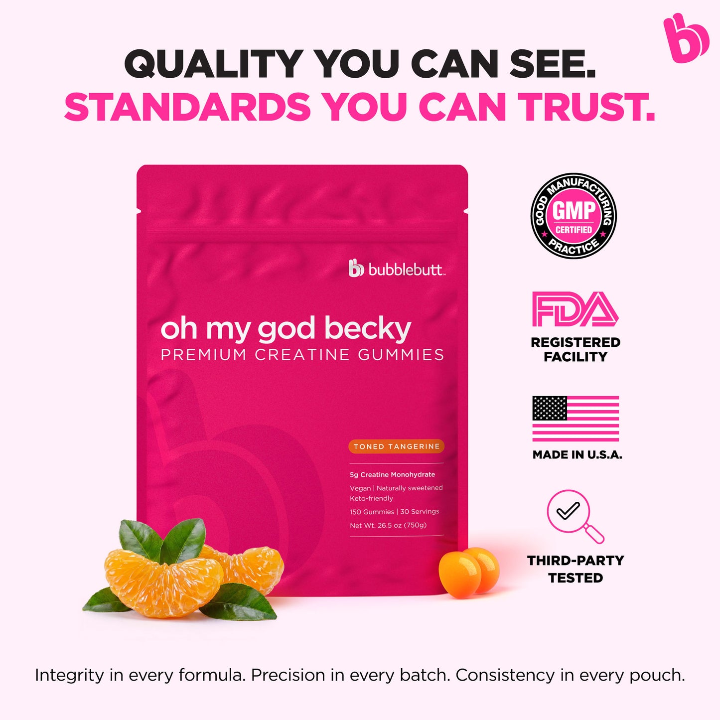 BubbleButt premium creatine gummies pouch highlighting GMP certification, third-party testing, FDA-registered facility, and Made in USA quality standards
