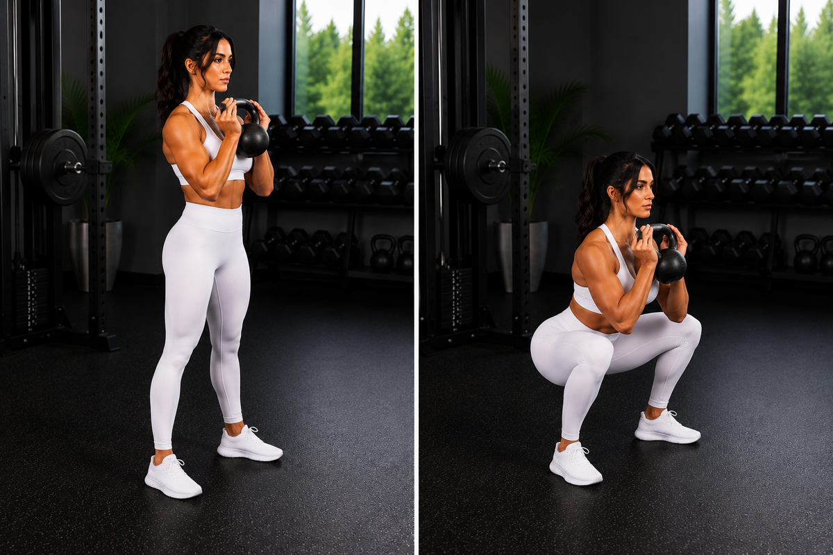 A woman in white gym attire performs a goblet squat with a kettlebell for glute and lower body strength. 
